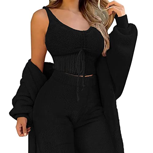 Minetom 3-Teiliges Lounge-Set Für Damen Plush Pyjamas Loungewear-Outfits Crop Tops Mit U-Ausschnitt Und Hoher Taille Hose Mit Offener Vorderseite Und Offener Strickjacke C Schwarz XL von Minetom