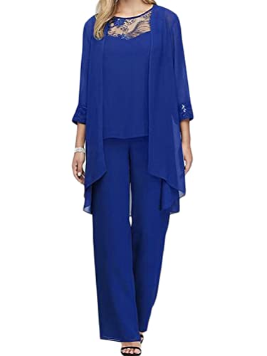 Minetom 3-Teiliges Set Damen Spitze Abendanzug Ärmellos Chiffon Shirt Und Hohe Taille Cocktail Party Festlich Hosenanzug Tüll Cardigan Vintage Abendanzug A Blau M von Minetom