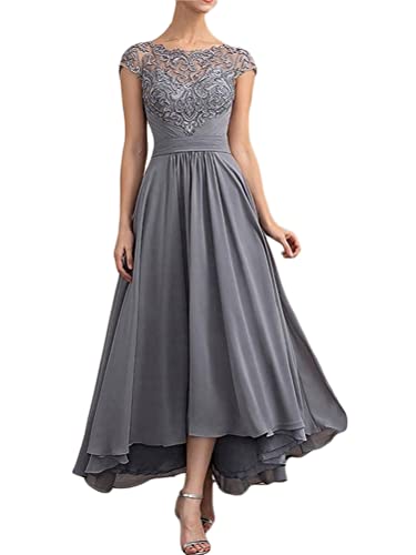 Minetom Abendkleid Damen A-Linie Spitze Kurze Ärmel Partykleid Lang Ballkleid 3/4 Ärmel Chiffon Spitzenkleid Brautjungfer Maxi Dress Brautjungfernkleider B Grau L von Minetom