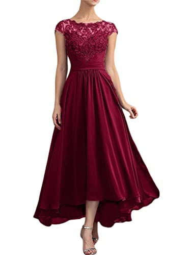 Minetom Abendkleid Damen A-Linie Spitze Kurze Ärmel Partykleid Lang Ballkleid 3/4 Ärmel Chiffon Spitzenkleid Brautjungfer Maxi Dress Brautjungfernkleider B Rot M von Minetom