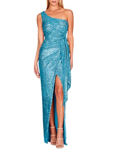 Minetom Abendkleid Damen Cocktailkleid Pailletten Maxikleid Elegant Eine Schulter Langes Kleid Glitzer Hochzeit Brautjungfer Kleider Schulterfrei Ballkleid Partykleid B Hellblau XS von Minetom
