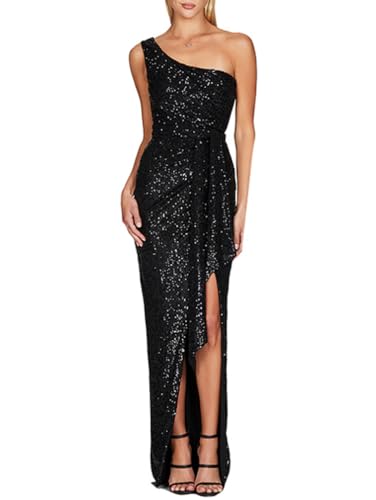 Minetom Abendkleid Damen Cocktailkleid Pailletten Maxikleid Elegant Eine Schulter Langes Kleid Glitzer Hochzeit Brautjungfer Kleider Schulterfrei Ballkleid Partykleid B Schwarz S von Minetom