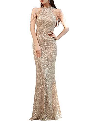 Minetom Abendkleid Damen Cocktailkleid Pailletten Quaste Maxikleid Partykleid Elegant Langes Kleid Hochzeit Brautjungfer Kleider Formell Ballkleid A Champagner S von Minetom