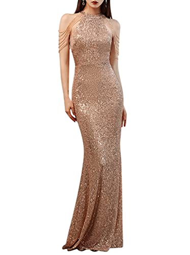 Minetom Abendkleid Damen Cocktailkleid Pailletten Quaste Maxikleid Partykleid Elegant Langes Kleid Hochzeit Brautjungfer Kleider Formell Ballkleid A Gold S von Minetom