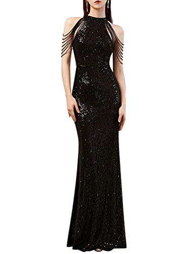 Minetom Abendkleid Damen Cocktailkleid Pailletten Quaste Maxikleid Partykleid Elegant Langes Kleid Hochzeit Brautjungfer Kleider Formell Ballkleid A Schwarz S von Minetom