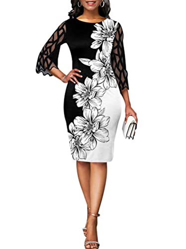 Minetom Abendkleid Damen Druck Business Büro Bleistiftkleid Elegant Kleid 3/4 Ärmel Knielang Festlich Hochzeit Kleider B Schwarz L von Minetom