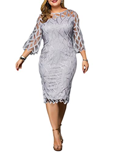 Minetom Abendkleid Damen Große Größen Chiffon Kleid Elegant Kleid 3/4 Ärmel Knielang Festlich Hochzeit Kleider C Grau 3XL von Minetom