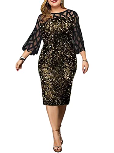 Minetom Abendkleid Damen Große Größen Pailletten Glitzer Elegant Kleid 3/4 Ärmel Knielang Festlich Hochzeit Kleider A Gold 3XL von Minetom