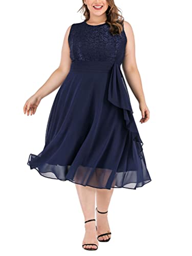 Minetom Abendkleid Spitzenkleid Damen Große Größen Elegant Kleid Spitze Chiffon Knielang Festlich Hochzeit Cocktail Kleider Abendkleid Partykleider Übergröße Midikleid E Blau 3XL von Minetom