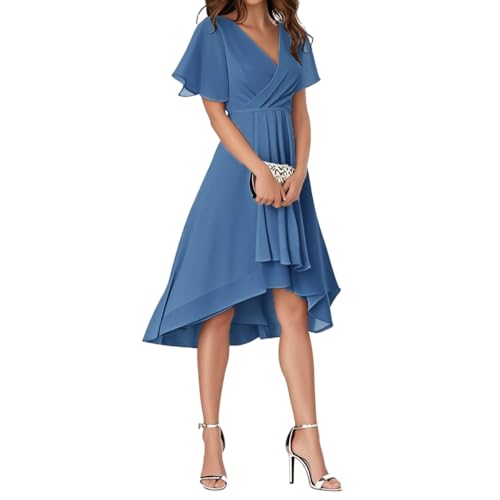 Minetom Abendkleider Damen Elegant Chiffon V-Ausschnitt Für Hochzeit Knielang A-Line Cocktailkleid High Low Festliche Kleider Vokuhila Brautjungfernkleid A Blau M von Minetom