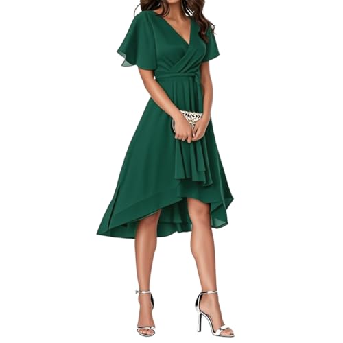 Minetom Abendkleider Damen Elegant Chiffon V-Ausschnitt Für Hochzeit Knielang A-Line Cocktailkleid High Low Festliche Kleider Vokuhila Brautjungfernkleid A Grün XL von Minetom