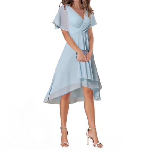 Minetom Abendkleider Damen Elegant Chiffon V-Ausschnitt Für Hochzeit Knielang A-Line Cocktailkleid High Low Festliche Kleider Vokuhila Brautjungfernkleid A Hellblau M von Minetom