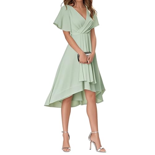 Minetom Abendkleider Damen Elegant Chiffon V-Ausschnitt Für Hochzeit Knielang A-Line Cocktailkleid High Low Festliche Kleider Vokuhila Brautjungfernkleid A Hellgrün XL von Minetom
