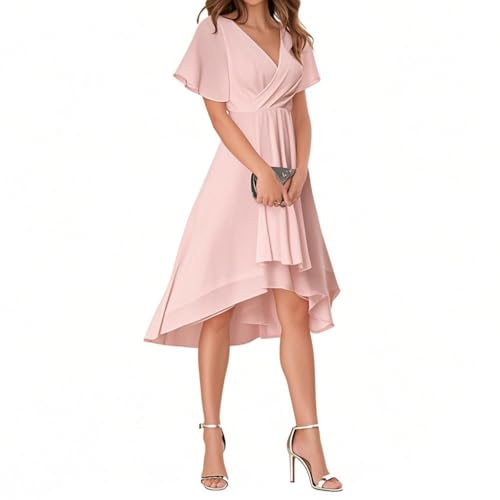Minetom Abendkleider Damen Elegant Chiffon V-Ausschnitt Für Hochzeit Knielang A-Line Cocktailkleid High Low Festliche Kleider Vokuhila Brautjungfernkleid A Rosa XS von Minetom