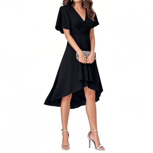 Minetom Abendkleider Damen Elegant Chiffon V-Ausschnitt Für Hochzeit Knielang A-Line Cocktailkleid High Low Festliche Kleider Vokuhila Brautjungfernkleid A Schwarz M von Minetom
