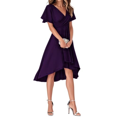Minetom Abendkleider Damen Elegant Chiffon V-Ausschnitt Für Hochzeit Knielang A-Line Cocktailkleid High Low Festliche Kleider Vokuhila Brautjungfernkleid A Violett XL von Minetom