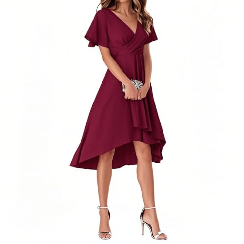 Minetom Abendkleider Damen Elegant Chiffon V-Ausschnitt Für Hochzeit Knielang A-Line Cocktailkleid High Low Festliche Kleider Vokuhila Brautjungfernkleid A Weinrot M von Minetom