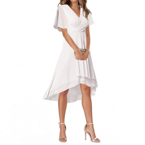 Minetom Abendkleider Damen Elegant Chiffon V-Ausschnitt Für Hochzeit Knielang A-Line Cocktailkleid High Low Festliche Kleider Vokuhila Brautjungfernkleid A Weiß L von Minetom
