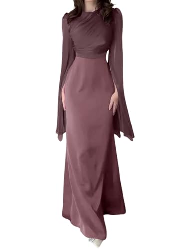 Minetom Abendkleider Damen Elegant Lange Kleider Hochzeit Brautjunferkleid Partykleid Ballkleid Langarm Maxikleid Cocktailkleid A Braun M von Minetom