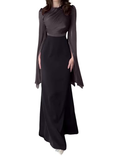 Minetom Abendkleider Damen Elegant Lange Kleider Hochzeit Brautjunferkleid Partykleid Ballkleid Langarm Maxikleid Cocktailkleid A Schwarz L von Minetom