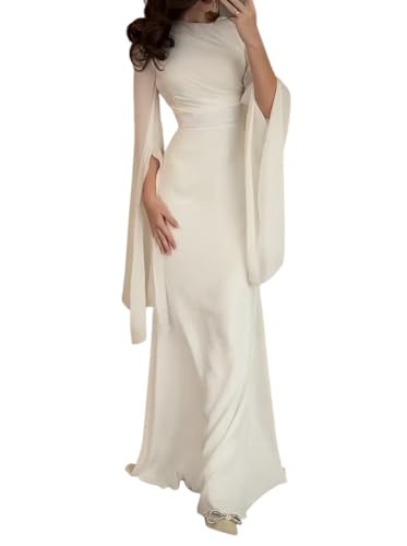 Minetom Abendkleider Damen Elegant Lange Kleider Hochzeit Brautjunferkleid Partykleid Ballkleid Langarm Maxikleid Cocktailkleid A Weiß XL von Minetom