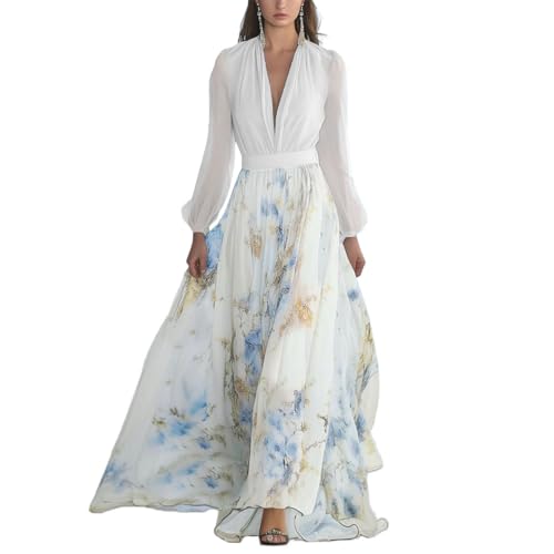 Minetom Abendkleider Damen Lang Chiffon V Ausschnitt Cocktailkleid Elegant Blumenmuster Hohe Taille Maxi Kleider Mit Gürtel Freizeitkleid Sommerkleid A Weiß XXL von Minetom