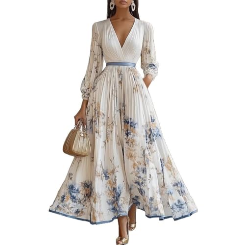 Minetom Abendkleider Damen Lang Chiffon V Ausschnitt Cocktailkleid Elegant Blumenmuster Hohe Taille Maxi Kleider Mit Gürtel Freizeitkleid Sommerkleid B Weiß L von Minetom