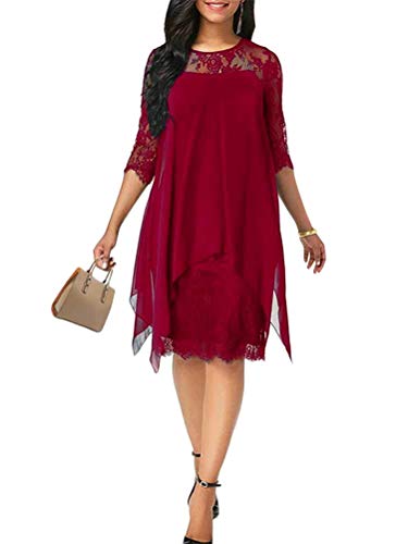 Minetom Abendkleider Damen Spitzenkleid 3/4 Ärmel Cocktailkleid Festliche Brautjungfernkleider Für Hochzeit Knielang Abendkleider A Rot 46 von Minetom