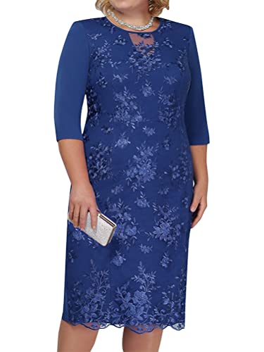 Minetom Abendkleider Damen Übergröße Spitze Kleid 3/4 Ärmel Loose Abend Cocktailkleid Knielang Retro Party Abendkleider Rockabilly Kleid Spitzenkleid C Marine XXL von Minetom