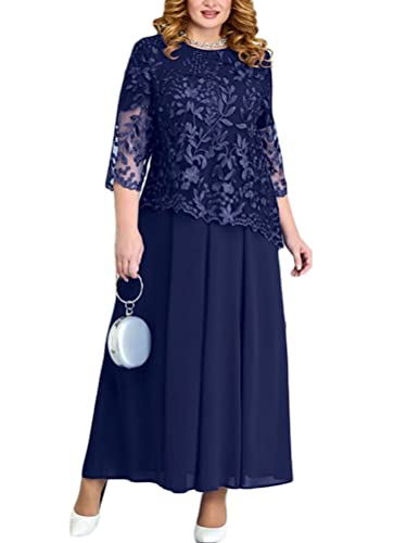 Minetom Abendkleider Damen Übergröße Spitze Kleid 3/4 Ärmel Loose Abend Cocktailkleid Knielang Retro Party Abendkleider Rockabilly Kleid Spitzenkleid F Marine XL von Minetom