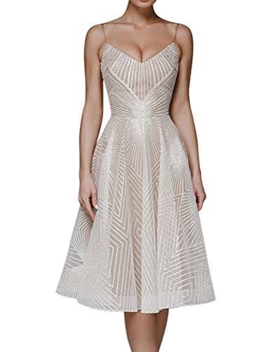 Minetom Abendkleider Damen V-Ausschnitt Neckholder Backless Blickwinkel Kleider A-Linie Spaghetti Knielang Abschlusskleid Dress Hochzeit Abendparty Prinzessin Brautjungfer Kleid A Beige M von Minetom