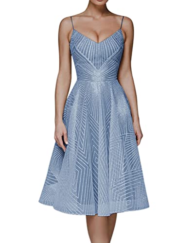 Minetom Abendkleider Damen V-Ausschnitt Neckholder Backless Blickwinkel Kleider A-Linie Spaghetti Knielang Abschlusskleid Dress Hochzeit Abendparty Prinzessin Brautjungfer Kleid A Blau XS von Minetom