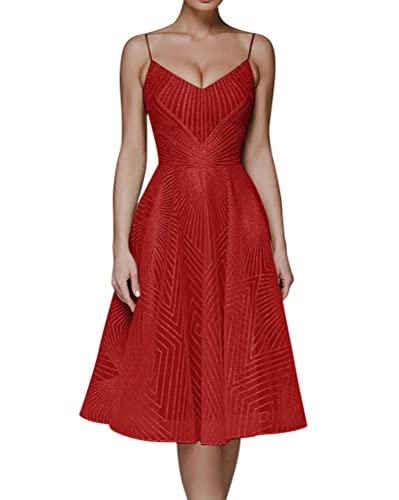 Minetom Abendkleider Damen V-Ausschnitt Neckholder Backless Blickwinkel Kleider A-Linie Spaghetti Knielang Abschlusskleid Dress Hochzeit Abendparty Prinzessin Brautjungfer Kleid A Rot M von Minetom