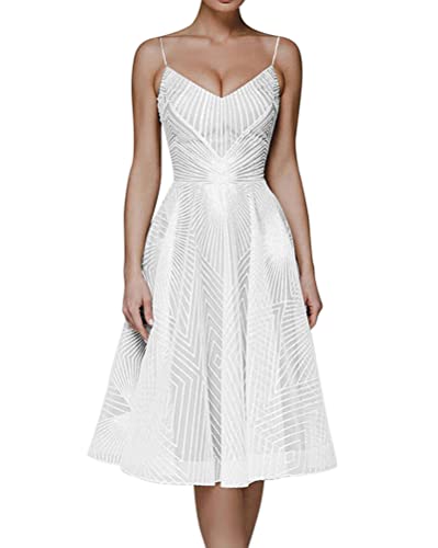 Minetom Abendkleider Damen V-Ausschnitt Neckholder Backless Blickwinkel Kleider A-Linie Spaghetti Knielang Abschlusskleid Dress Hochzeit Abendparty Prinzessin Brautjungfer Kleid A Weiß S von Minetom