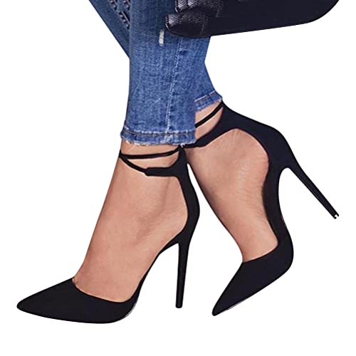 Minetom Abendschuhe Damen Stiletto High Heels Pumps Spitz Party Basic Schuhe Geschlossen Schnürsenkel Wildleder Sandalen A Schwarz 43 EU von Minetom