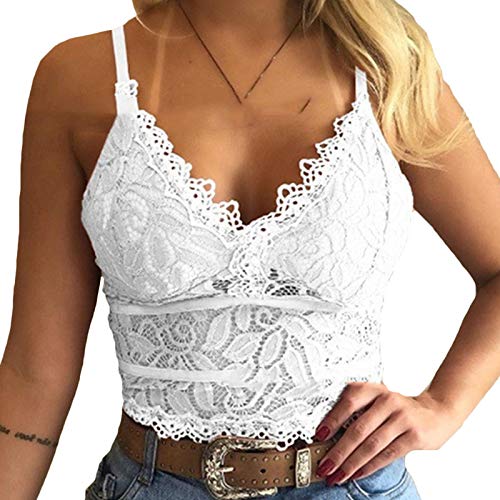 Minetom BH Push Up Bustier Damen Spitze Blumen Bra Dessous Bauchfrei Spaghetti Crop Tank Tops V-Ausschnitt Shirt A Weiß 36 von Minetom