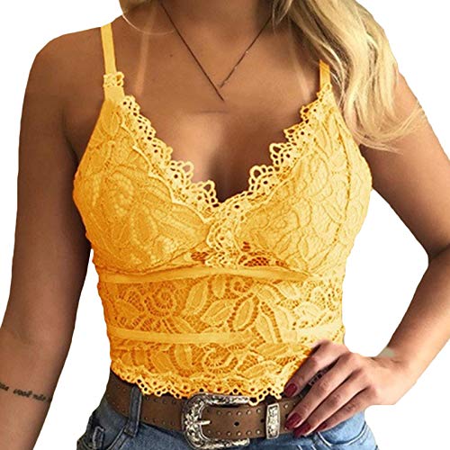 Minetom BH Push Up Bustier Damen Spitze Weich Rückenfrei Blumen Bra Dessous Sexy Große Größen Crop Tank Tops V-Ausschnitt Shirt A Gelb 36 von Minetom