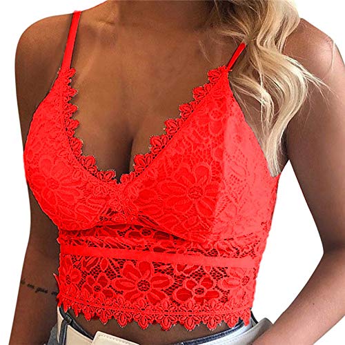 Minetom BH Push Up Bustier Damen Spitze Weich Rückenfrei Blumen Bra Dessous Sexy Große Größen Crop Tank Tops V-Ausschnitt Shirt B Rot 38 von Minetom