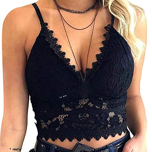 Minetom BH Push Up Bustier Damen Spitze Weich Rückenfrei Blumen Bra Dessous Sexy Große Größen Crop Tank Tops V-Ausschnitt Shirt B Schwarz 44 von Minetom