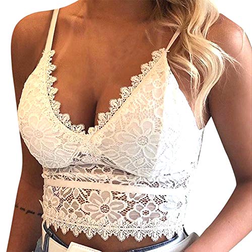 Minetom BH Push Up Bustier Damen Spitze Weich Rückenfrei Blumen Bra Dessous Sexy Große Größen Crop Tank Tops V-Ausschnitt Shirt B Weiß 40 von Minetom