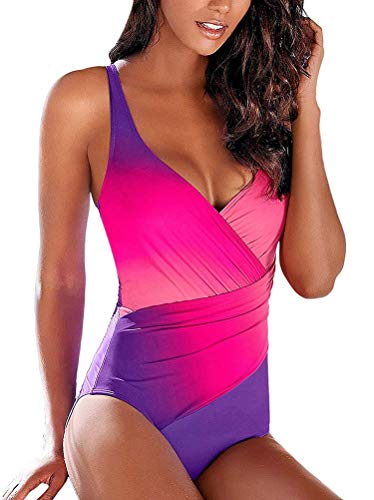 Minetom Badeanzug Damen Push Up Bademode Figurformend Bandeau Große Größen Rückfrei S-XXL Pink Violett DE 40 von Minetom