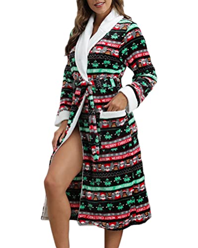 Minetom Bademantel Damen Kapuze Weihnachten Velours Flauschig Morgenmantel Fleece Weihnachtsdruck Bademäntel Saunamantel B Schwarz Grün XXL von Minetom