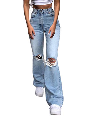 Minetom Baggy Jeans Damen High Waist Straight Jeans Freizeit Loose Gerade Hosen Bootcut Jeanshosen Jeans Hose mit Weitem Bein F Blau S von Minetom