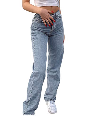 Minetom Baggy Jeans Damen High Waist Straight Jeans Freizeit Loose Gerade Hosen Bootcut Jeanshosen Jeans Vintage Hose mit Weitem Bein E Blau L von Minetom