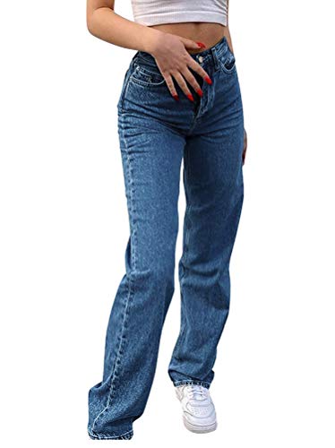 Minetom Baggy Jeans Damen High Waist Straight Jeans Freizeit Loose Gerade Hosen Bootcut Jeanshosen Jeans Vintage Hose mit Weitem Bein E Dunkelblau L von Minetom