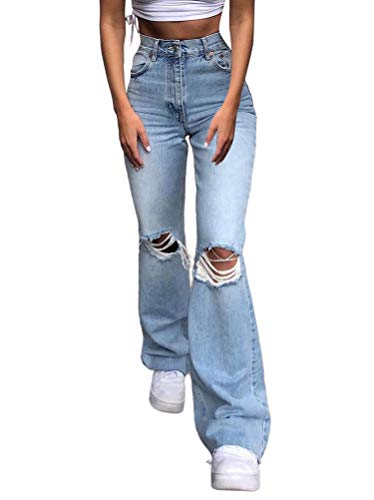 Minetom Baggy Jeans Damen High Waist Straight Jeans Freizeit Loose Gerade Hosen Bootcut Jeanshosen Jeans Vintage Hose mit Weitem Bein F Blau L von Minetom