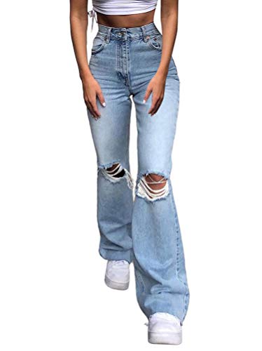 Minetom Baggy Jeans Damen High Waist Straight Jeans Freizeit Loose Gerade Hosen Bootcut Jeanshosen Jeans Vintage Hose mit Weitem Bein F Blau M von Minetom