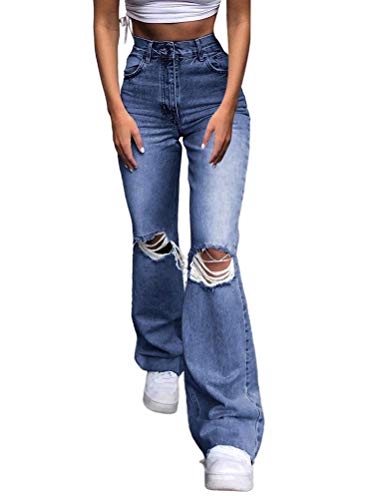Minetom Baggy Jeans Damen High Waist Straight Jeans Freizeit Loose Gerade Hosen Bootcut Jeanshosen Jeans Vintage Hose mit Weitem Bein F Dunkelblau L von Minetom