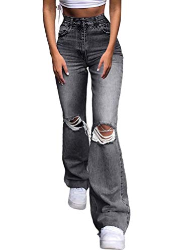 Minetom Baggy Jeans Damen High Waist Straight Jeans Freizeit Loose Gerade Hosen Bootcut Jeanshosen Jeans Vintage Hose mit Weitem Bein F Grau S von Minetom