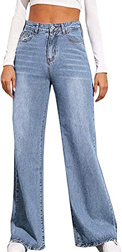 Minetom Baggy Jeans Damen High Waist Straight Jeans Freizeit Loose Gerade Hosen Bootcut Jeanshosen Jeans Vintage Hose mit Weitem Bein G Blau L von Minetom